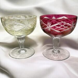 Vintage Bohemian Czech "Cut to Clear" Crystal Iridescent Pedestal Dessert Bowls